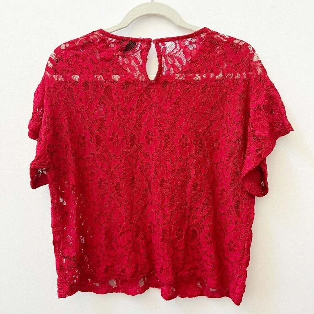 Womens Red Lace Short Sleeve Sheer Blouse Sexy Sz XL Who What Wear - Picture 5 of 6